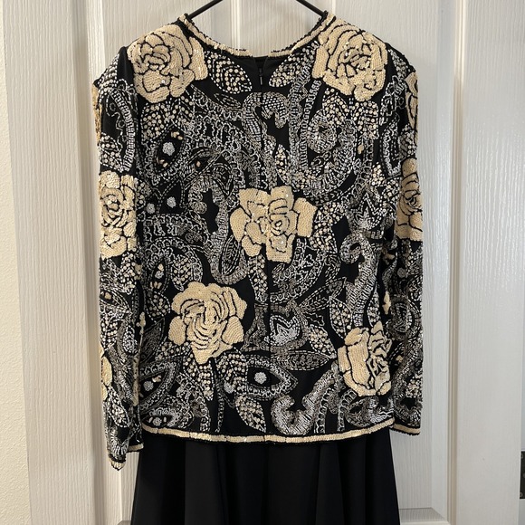 Vintage 90s Black Tie Gown Women's 6 Black Ivory Sequin Beaded Chiffon Formal - Picture 4 of 10